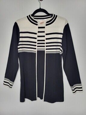 Misook Black & White Open Front Knit Cardigan Size PM